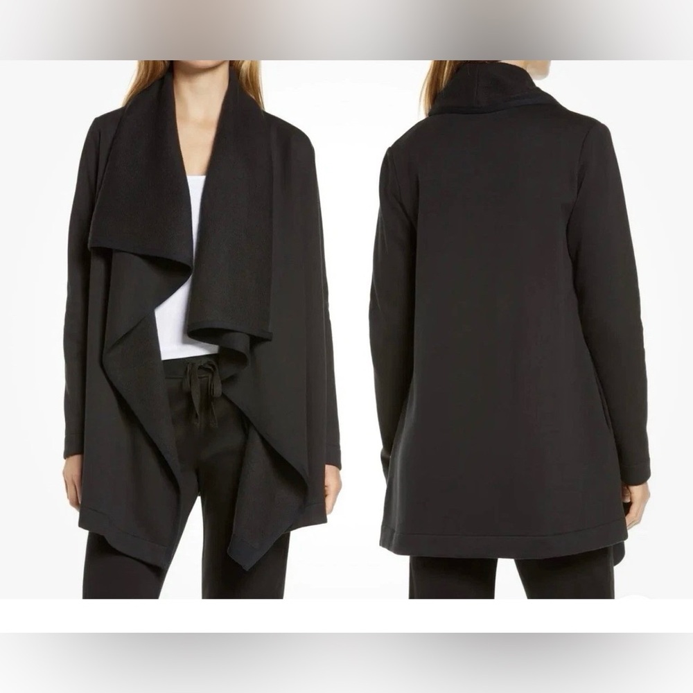 UGG Brand Janni Fleece Cardigan Open Front Draped Sweater W/ Pockets Black M